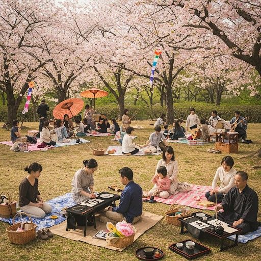 Hanami festival People enjoying picnic during Hanami festival